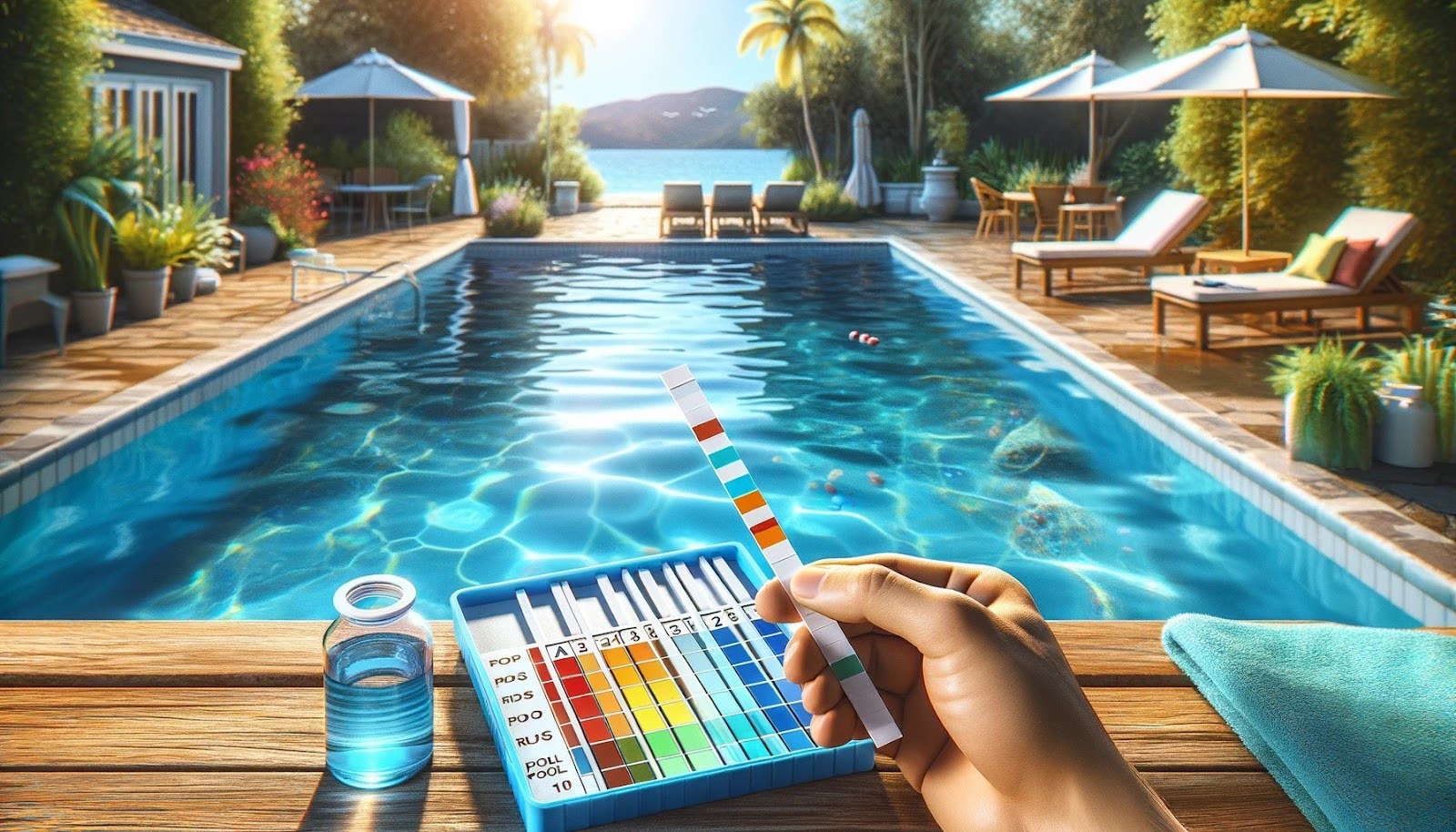 testovanie pH a chlóru v bazéne pomocou testovacích prúžkov