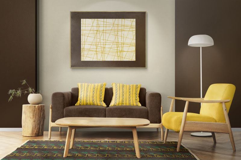 obývačka v kombinácii hnedej a žltej
