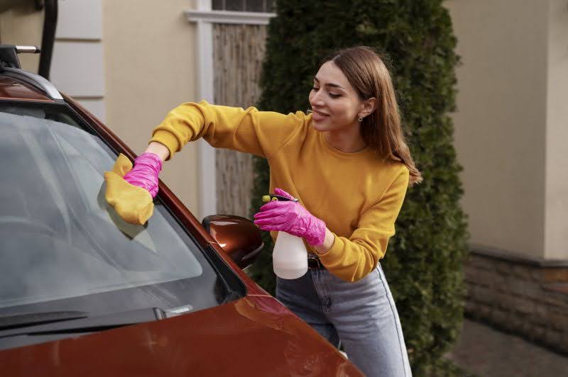 žena čistí sklo na aute s rozprašovačom a utierkou