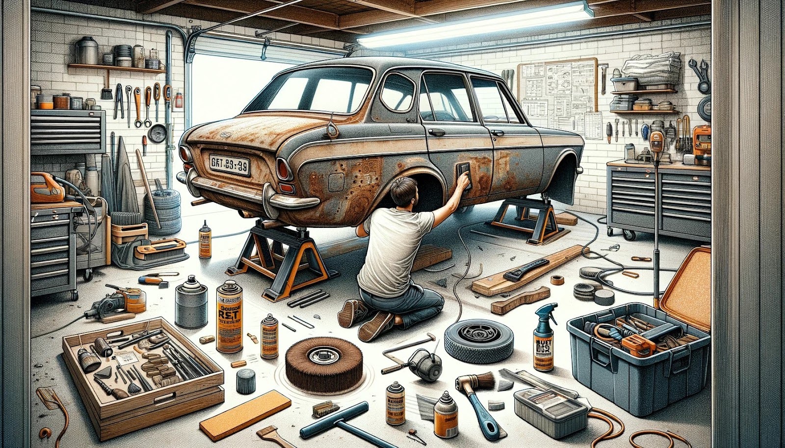 muž odstraňujúci hrdzu zo staršieho auta doma vo svojej dielni