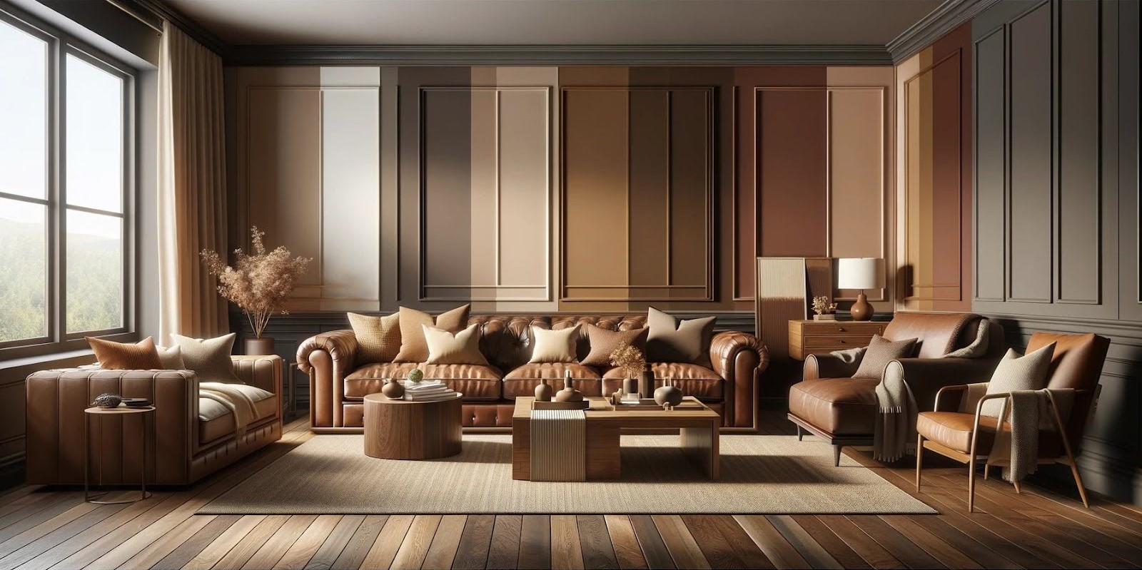 obývačka s hnedými sedačkami a stenami prevažne zemitých tónov