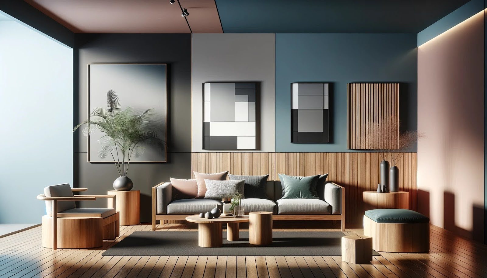 moderný interiér, zariadený dreveným nábytkom s chladným podtónom v ideálnej kombinácii so stenami kontrastnej farby