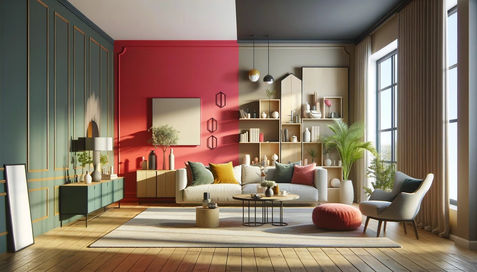 Obývačka so stenou neutrálnej farby a jednou stenou výraznej farby